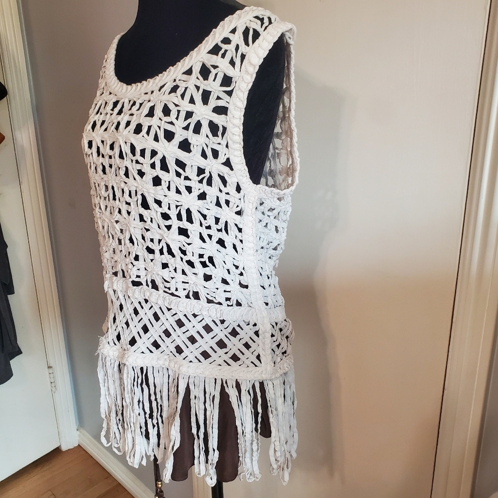 Endless Rose Open Knit Crochet Style Fringe Top Textured Size M/L Festival Boho - Picture 3 of 13